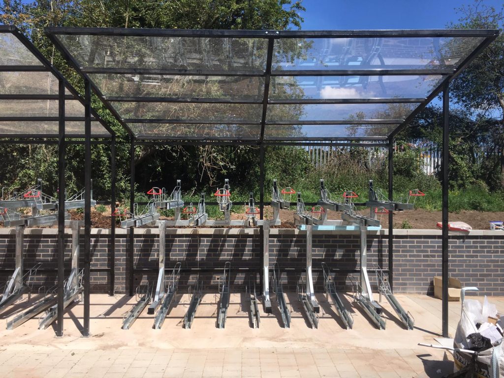 Two-tier Hammersmith bike shelter with two-tier bike racks