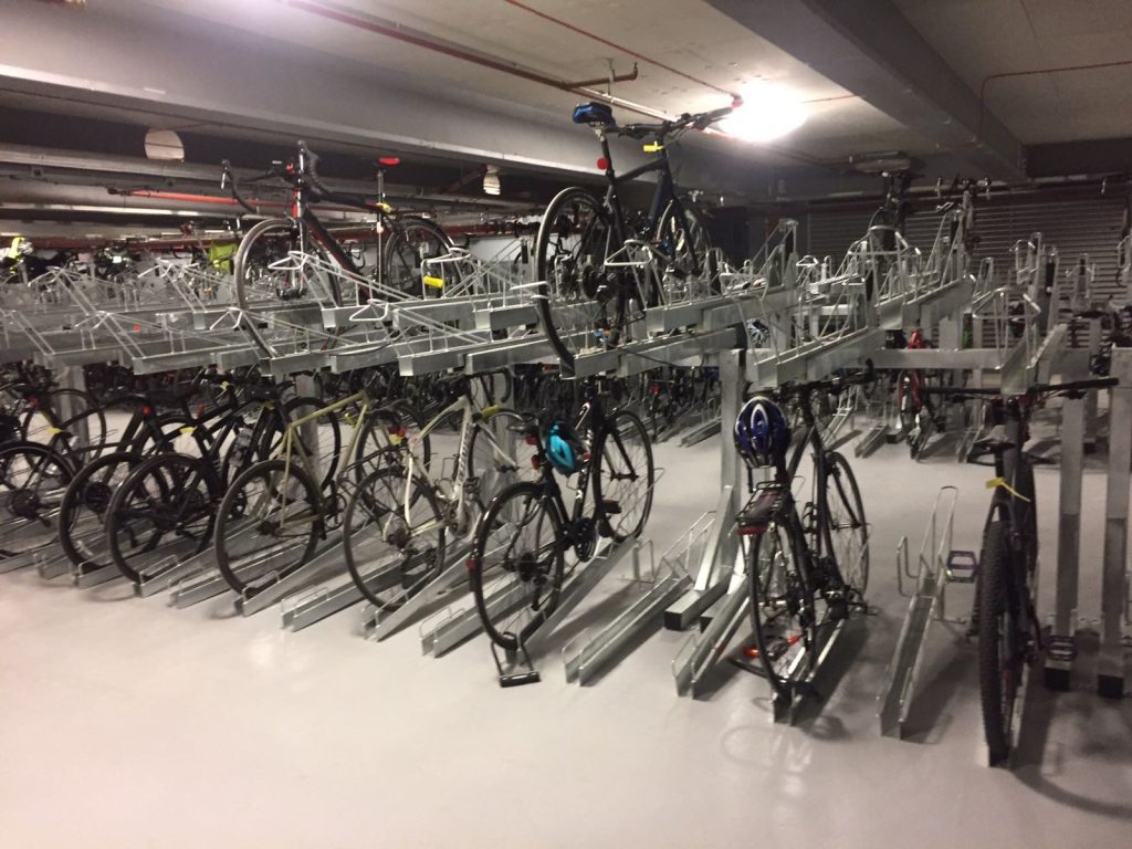 indoor bike storage with two-tier bike racks