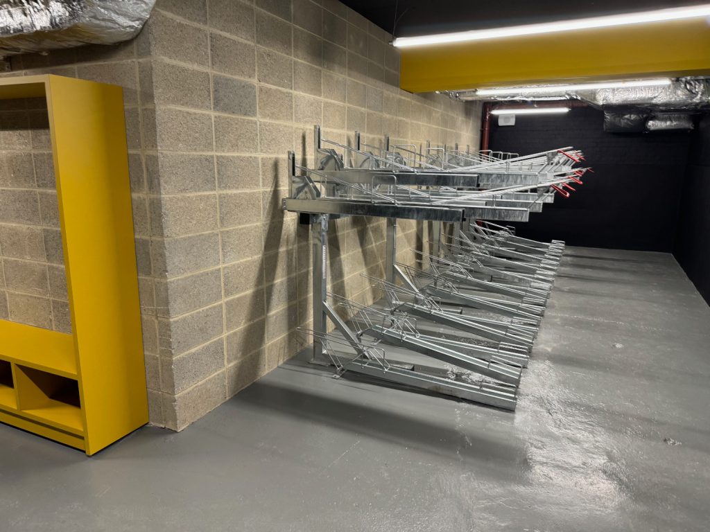 Two tier bike racks in an indoor bike parking